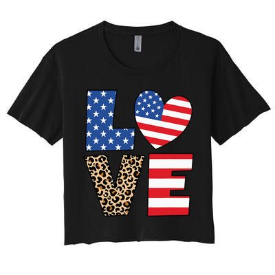 4th Of July Love Heart American Flag USA Funny Patriotic Women's Crop Top Tee