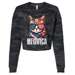 4th Of July Meowica American Flag Cat Cropped Pullover Crew