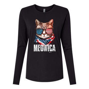 4th Of July Meowica American Flag Cat Womens Cotton Relaxed Long Sleeve T-Shirt