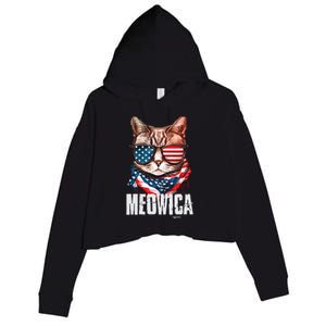 4th Of July Meowica American Flag Cat Crop Fleece Hoodie