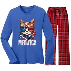 4th Of July Meowica American Flag Cat Women's Long Sleeve Flannel Pajama Set 