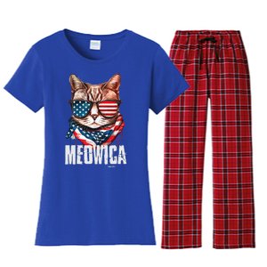 4th Of July Meowica American Flag Cat Women's Flannel Pajama Set