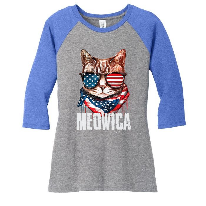 4th Of July Meowica American Flag Cat Women's Tri-Blend 3/4-Sleeve Raglan Shirt