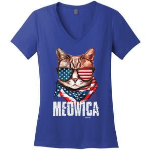 4th Of July Meowica American Flag Cat Women's V-Neck T-Shirt