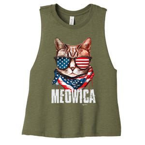 4th Of July Meowica American Flag Cat Women's Racerback Cropped Tank