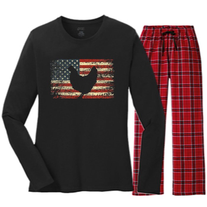 4th of July Chicken Patriotic American Flag Wo Women's Long Sleeve Flannel Pajama Set 