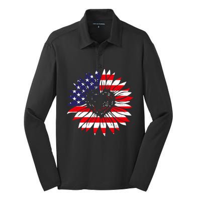 4th Of July America Sunflower Us Patriotic American Usa Flag Gift Silk Touch Performance Long Sleeve Polo