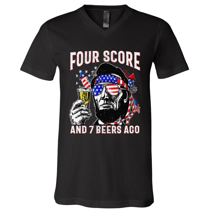 4th Of July Drinking Beer Patriot Four Score And 7 Beers Ago Gift V-Neck T-Shirt