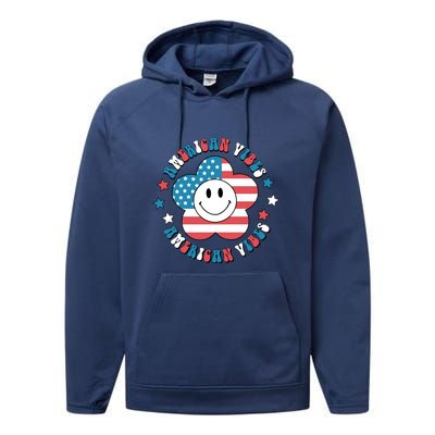 4th Of July Retro American Vibes Flower Gift Performance Fleece Hoodie