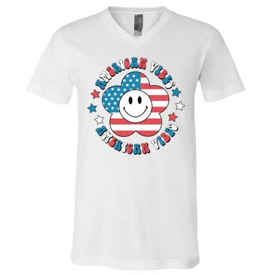 4th Of July Retro American Vibes Flower Gift V-Neck T-Shirt