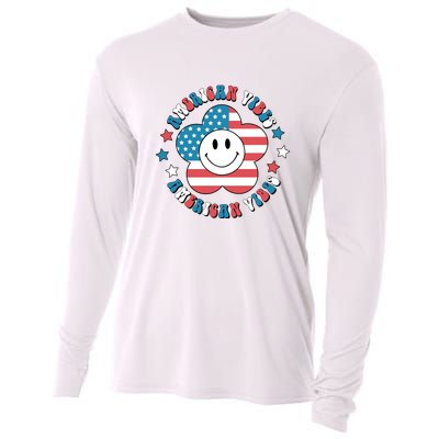 4th Of July Retro American Vibes Flower Gift Cooling Performance Long Sleeve Crew