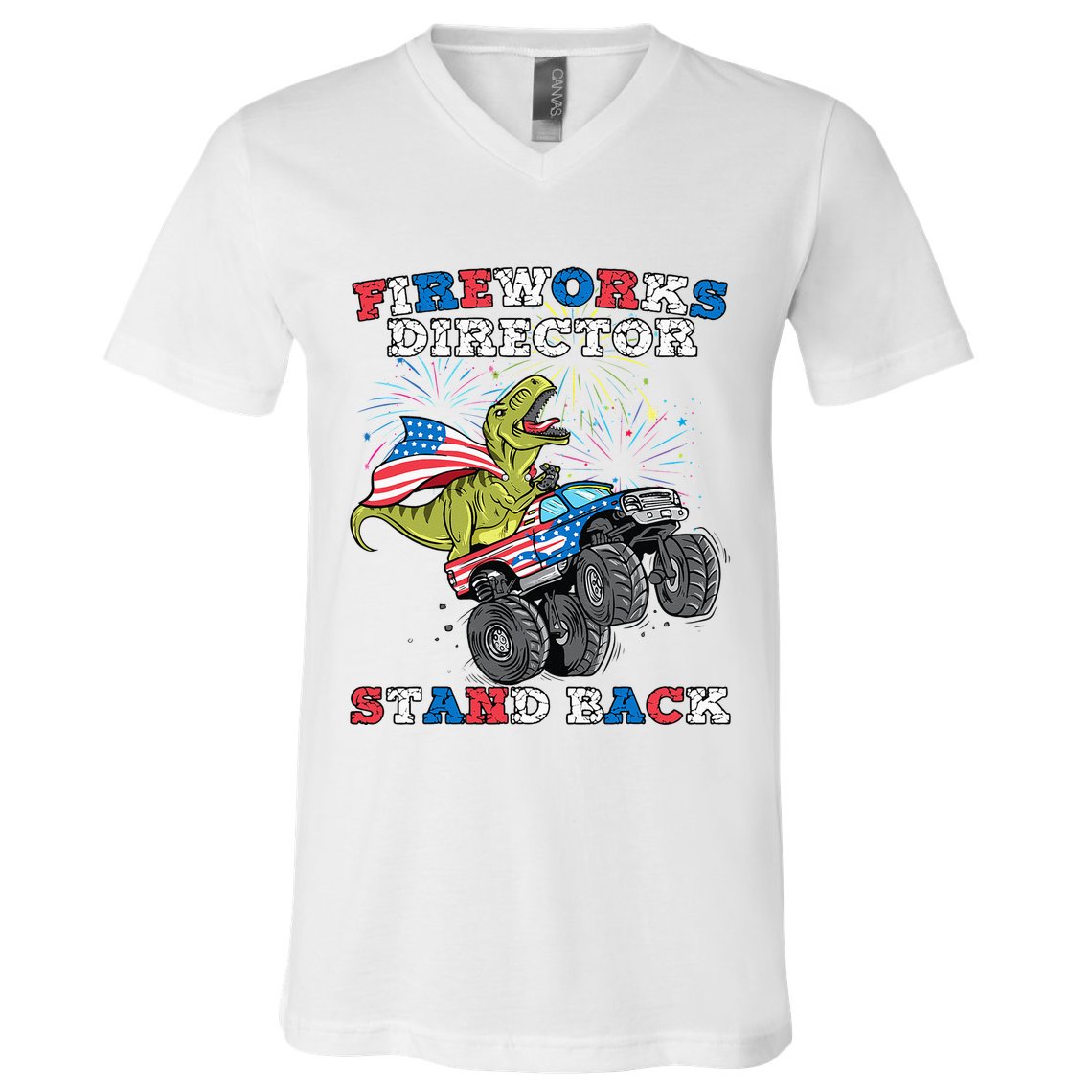4th of July Fireworks Director T Rex Monster Truck V-Neck T-Shirt