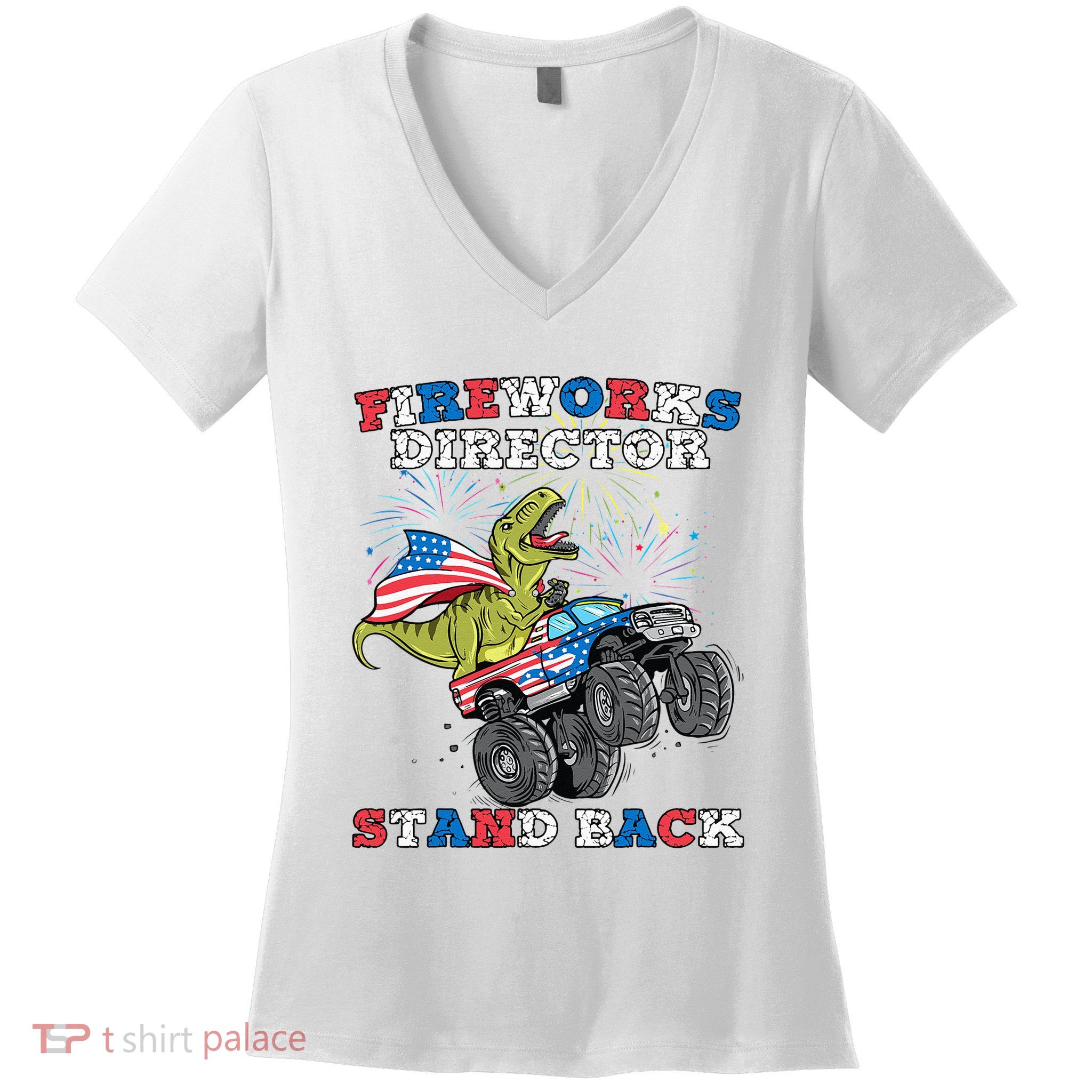 4th of July Fireworks Director T Rex Monster Truck Women's V-Neck T-Shirt
