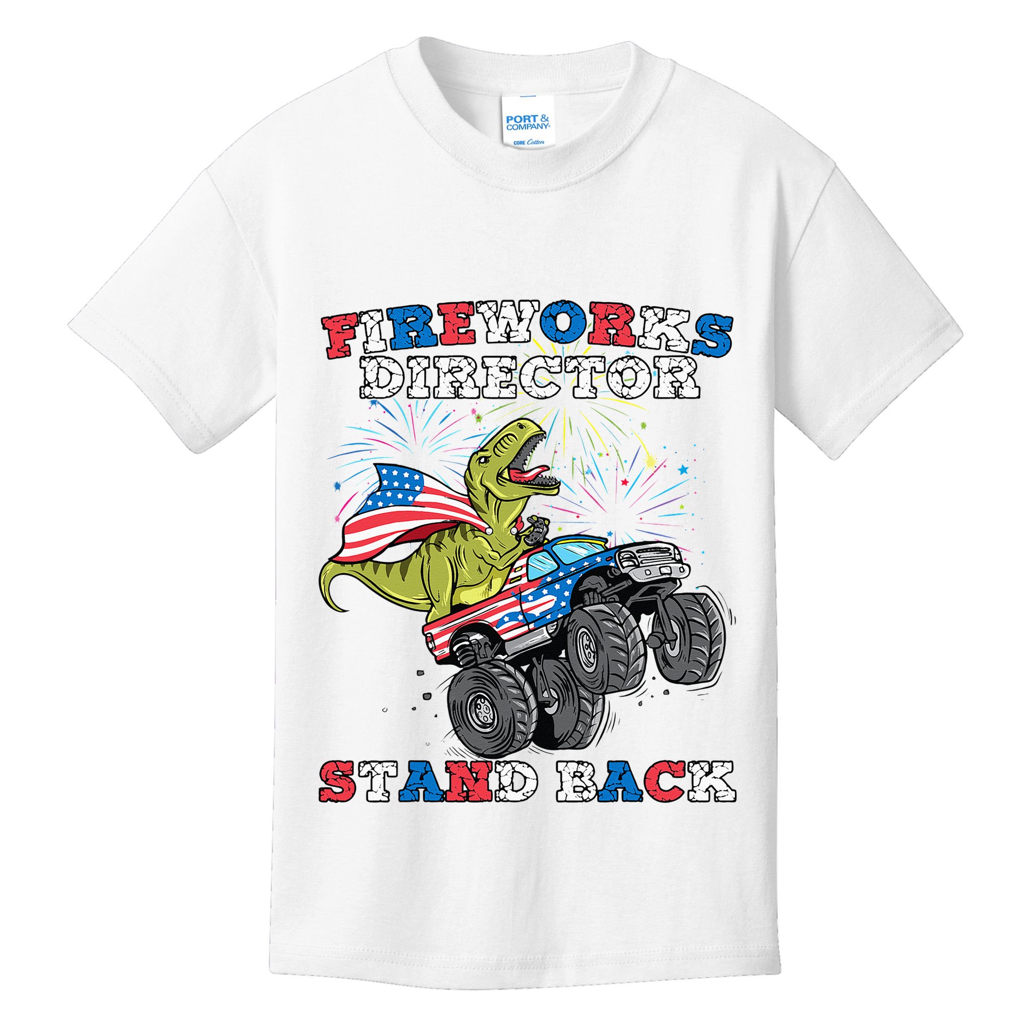 4th of July Fireworks Director T Rex Monster Truck Kids T-Shirt