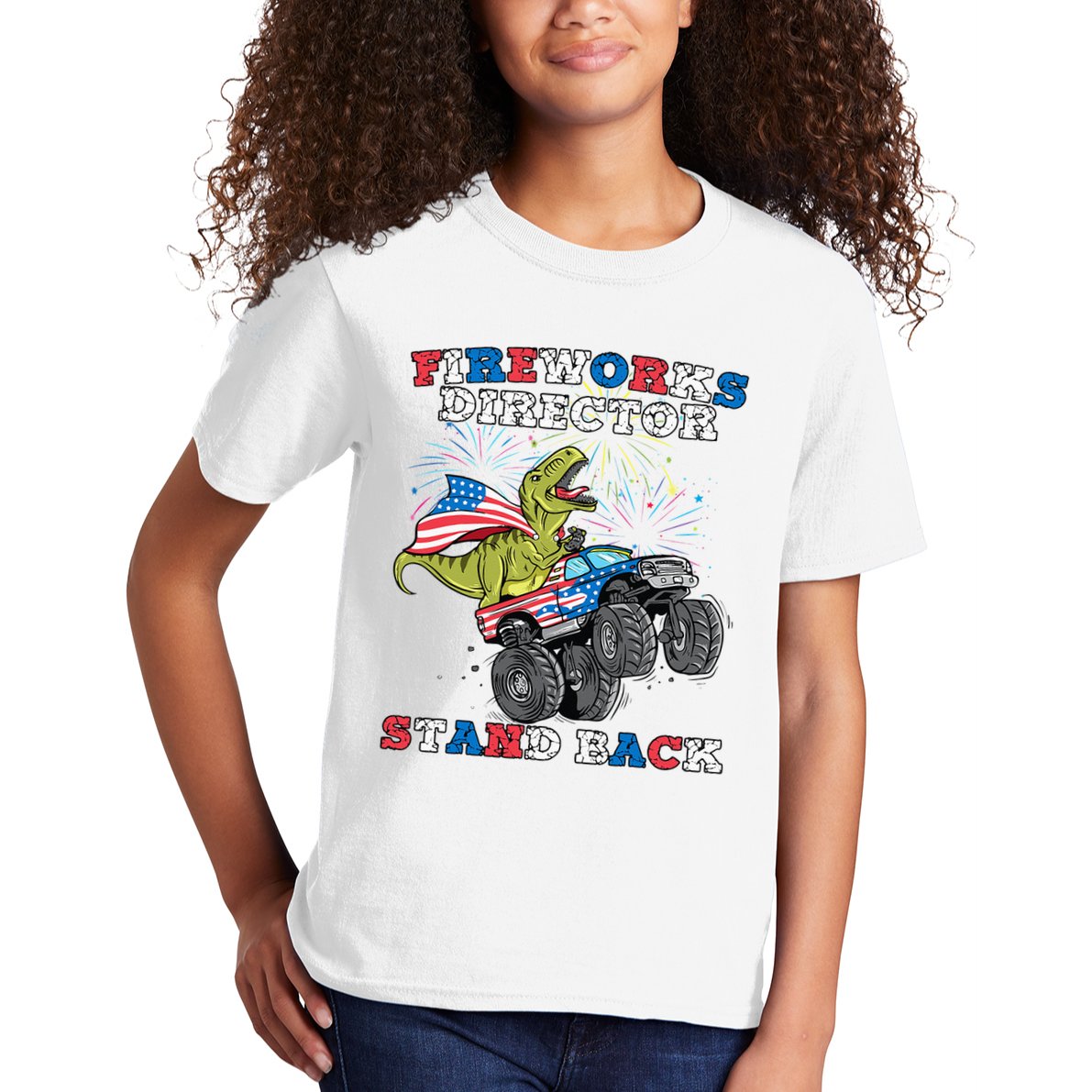 4th of July Fireworks Director T Rex Monster Truck Kids T-Shirt