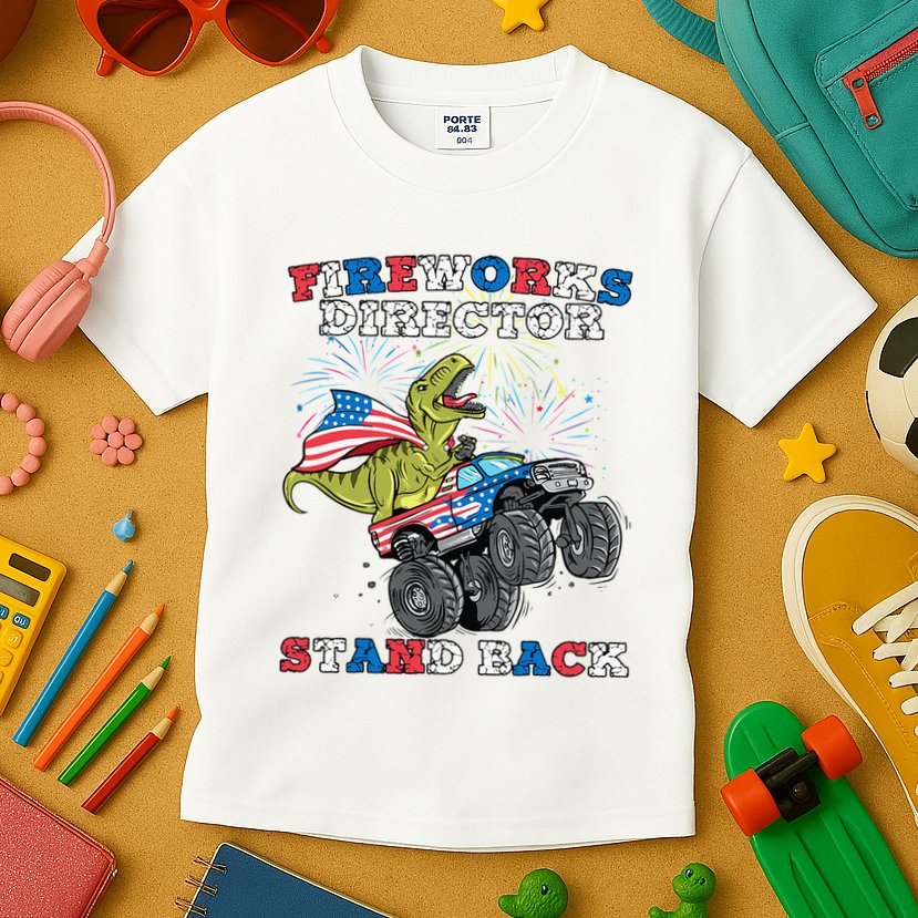 4th of July Fireworks Director T Rex Monster Truck Kids T-Shirt