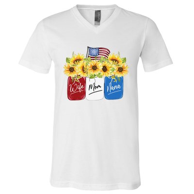 4th Of July Wife Mom Nana Sunflower With American Flag V-Neck T-Shirt