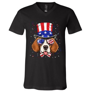 4th of July Patriotic Beagle American USA Flag Beagle Lovers V-Neck T-Shirt