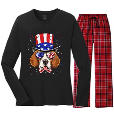 4th of July Patriotic Beagle American USA Flag Beagle Lovers Women's Long Sleeve Flannel Pajama Set 