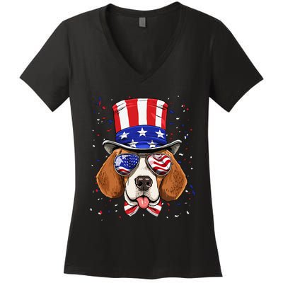 4th of July Patriotic Beagle American USA Flag Beagle Lovers Women's V-Neck T-Shirt