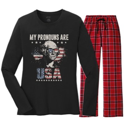 4th of July My Pronouns Are USA Flag Women's Long Sleeve Flannel Pajama Set 