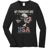 4th of July My Pronouns Are USA Flag Ladies Long Sleeve Shirt