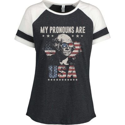 4th of July My Pronouns Are USA Flag Enza Ladies Jersey Colorblock Tee