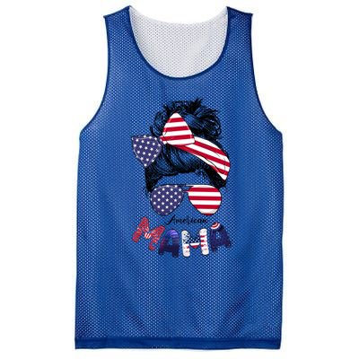 4th Of July American Mama Messy Bun Mom Life Patriotic Mom Gift Mesh Reversible Basketball Jersey Tank