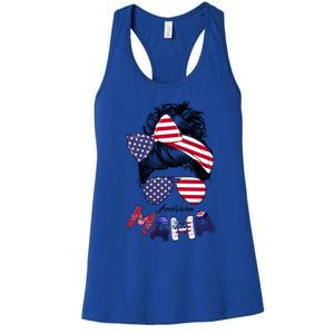 4th Of July American Mama Messy Bun Mom Life Patriotic Mom Gift Women's Racerback Tank