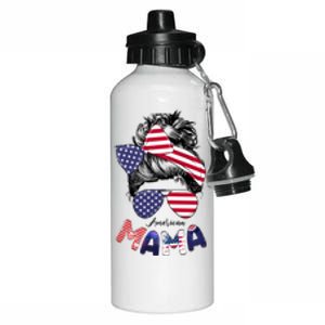 4th Of July American Mama Messy Bun Mom Life Patriotic Mom Gift Aluminum Water Bottle