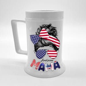 4th Of July American Mama Messy Bun Mom Life Patriotic Mom Gift Beer Stein