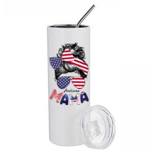 4th Of July American Mama Messy Bun Mom Life Patriotic Mom Gift Stainless Steel Tumbler