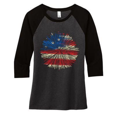 4th Of July Fireworks American Flag Design For Patriotic Celebration Women's Tri-Blend 3/4-Sleeve Raglan Shirt