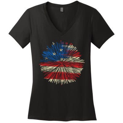 4th Of July Fireworks American Flag Design For Patriotic Celebration Women's V-Neck T-Shirt