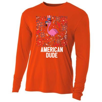 4th Of July American Dude Flamingo Us Flag Pride Patriotic Gift Cooling Performance Long Sleeve Crew