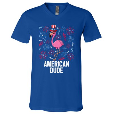 4th Of July American Dude Flamingo Us Flag Pride Patriotic Gift V-Neck T-Shirt