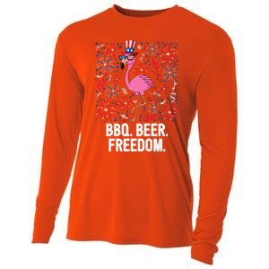 4th Of July Bbq Beer Freedom Flamingo Us Flag Patriotic Gift Cooling Performance Long Sleeve Crew