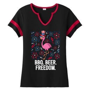 4th Of July Bbq Beer Freedom Flamingo Us Flag Patriotic Gift Ladies Halftime Notch Neck Tee