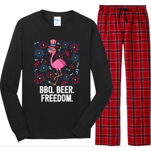 4th Of July Bbq Beer Freedom Flamingo Us Flag Patriotic Gift Long Sleeve Pajama Set