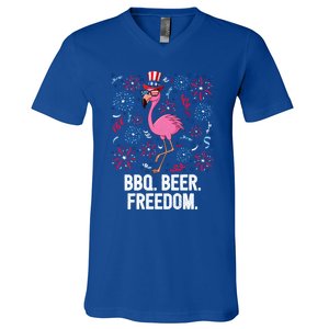 4th Of July Bbq Beer Freedom Flamingo Us Flag Patriotic Gift V-Neck T-Shirt