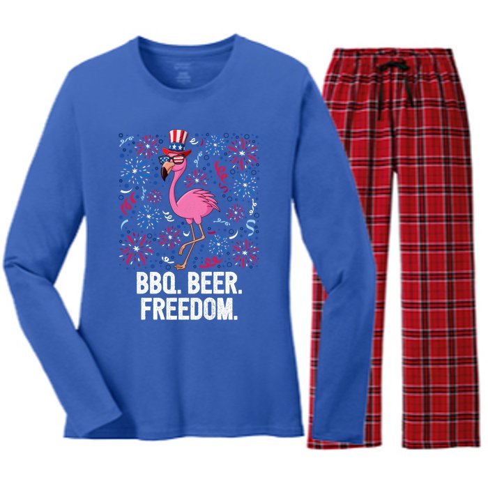 4th Of July Bbq Beer Freedom Flamingo Us Flag Patriotic Gift Women's Long Sleeve Flannel Pajama Set 