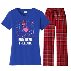 4th Of July Bbq Beer Freedom Flamingo Us Flag Patriotic Gift Women's Flannel Pajama Set