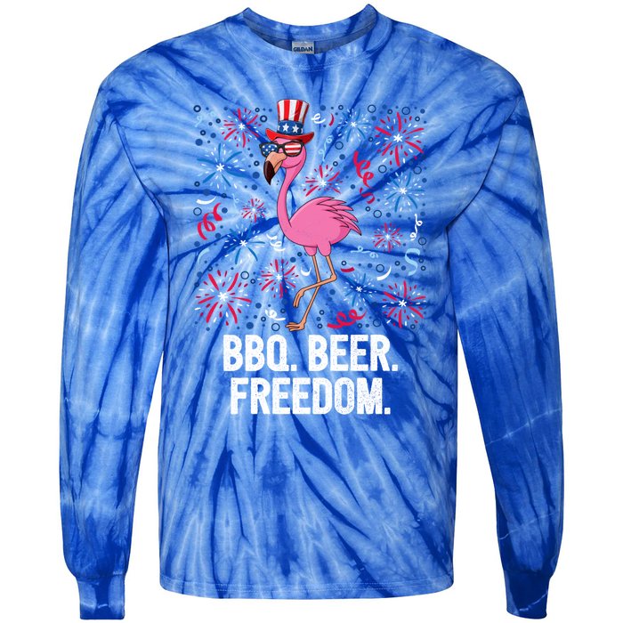 4th Of July Bbq Beer Freedom Flamingo Us Flag Patriotic Gift Tie-Dye Long Sleeve Shirt