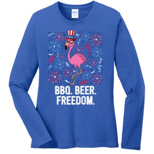 4th Of July Bbq Beer Freedom Flamingo Us Flag Patriotic Gift Ladies Long Sleeve Shirt