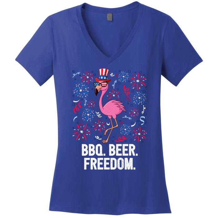 4th Of July Bbq Beer Freedom Flamingo Us Flag Patriotic Gift Women's V-Neck T-Shirt