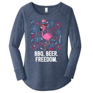 4th Of July Bbq Beer Freedom Flamingo Us Flag Patriotic Gift Women's Perfect Tri Tunic Long Sleeve Shirt