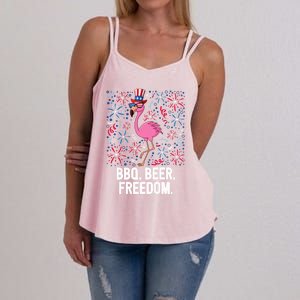 4th Of July Bbq Beer Freedom Flamingo Us Flag Patriotic Gift Women's Strappy Tank