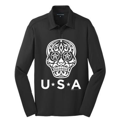 4th Of July Sugar Skull Gift Silk Touch Performance Long Sleeve Polo