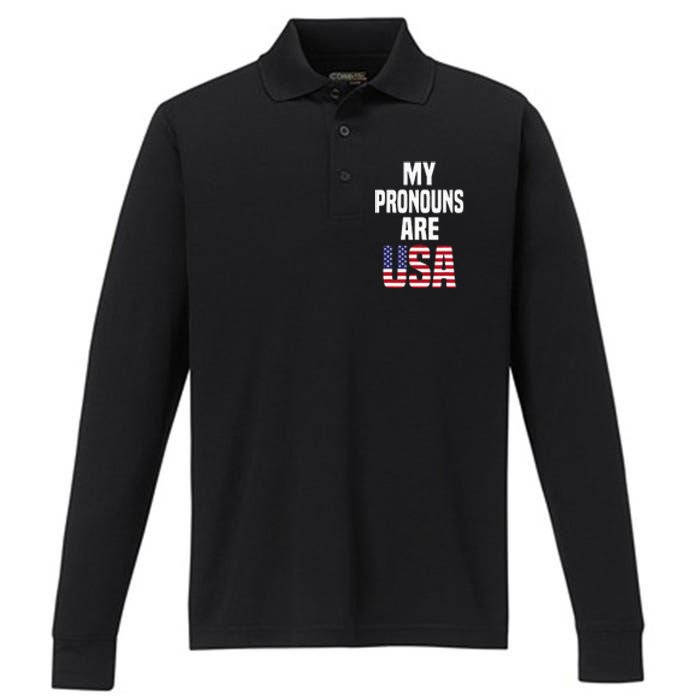 4th Of July Funny My Pronouns Are USA Performance Long Sleeve Polo