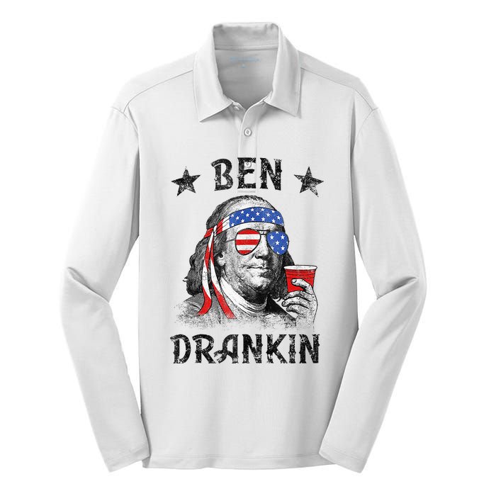 4th Of July For Men Ben Drankin Funny Beer Silk Touch Performance Long Sleeve Polo